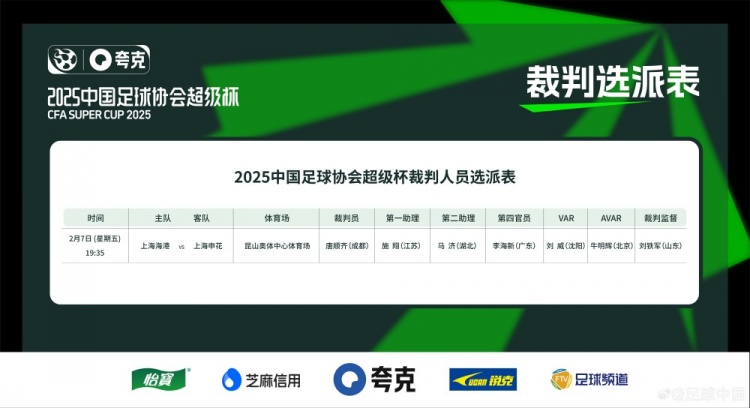  超級杯海港vs申花裁判員名單：主裁判唐順齊，VAR劉威