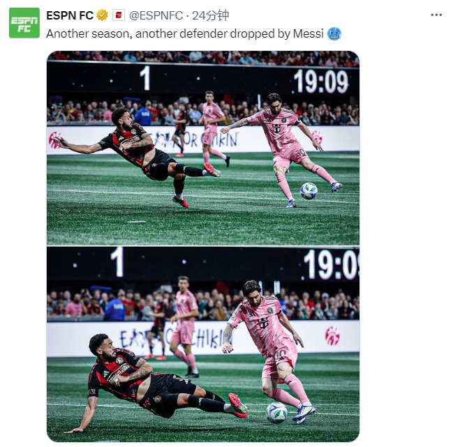  名場(chǎng)面記錄！ESPN曬照：又一個(gè)賽季，又一名后衛(wèi)被梅西扣倒